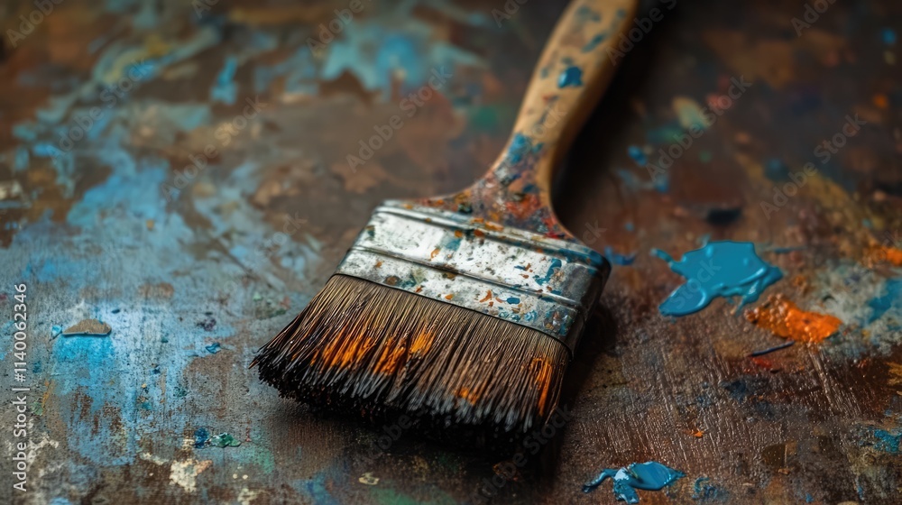 Poster Worn paint brush on a rustic surface showcasing vibrant paint splashes and artistic textures in a creative workspace setting.