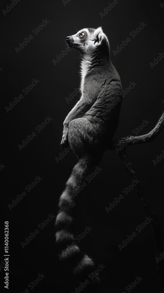 Poster a monochrome image of a lemur perched on a branch, showcasing its profile and distinctive tail.