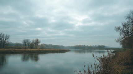 serene cloudy landscape with tranquil river reflecting trees and gentle hills in nature during overcast weather