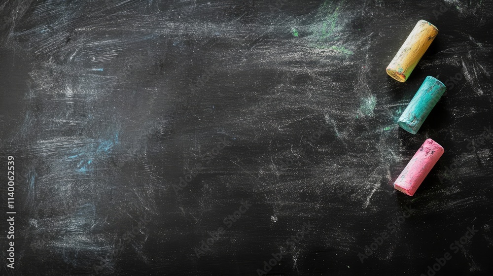 Poster worn chalkboard background with colorful chalk pieces ideal for educational or creative concepts in 
