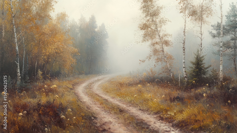 Poster captivating foggy forest scene featuring a winding dirt road lined with dwarf birches and vibrant au