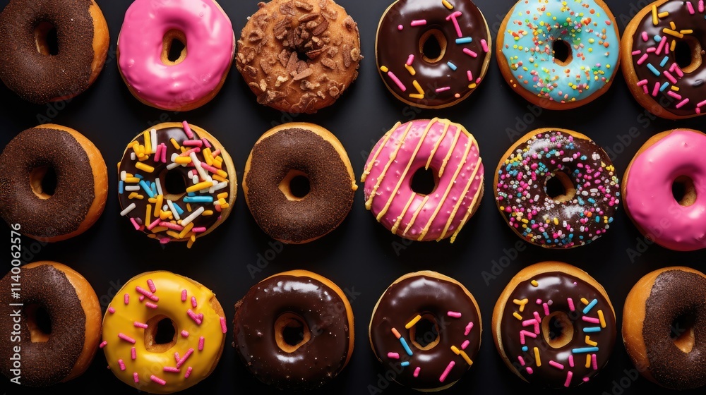 Poster assorted gourmet donuts with vibrant icing and toppings on a black background showcasing variety and