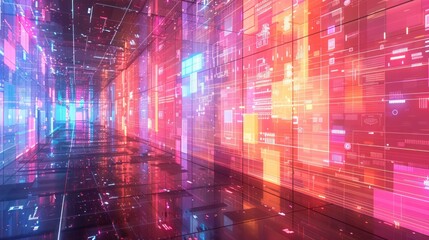 Fototapeta premium Neon Tunnel of Data: A Futuristic Corridor of Glowing Information