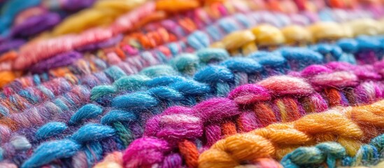 Abstract close-up of a vibrant textured fabric showcasing intricate patterns created from various colorful yarn strands.