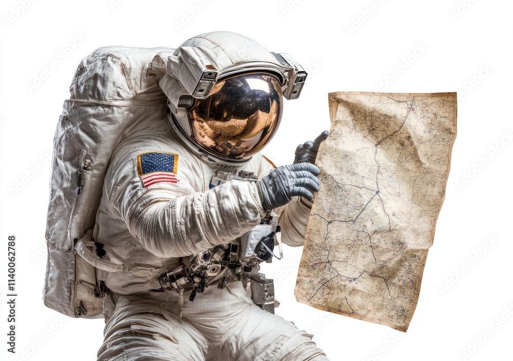 Aufkleber an astronaut examines a map, suggesting exploration or navigation in space.