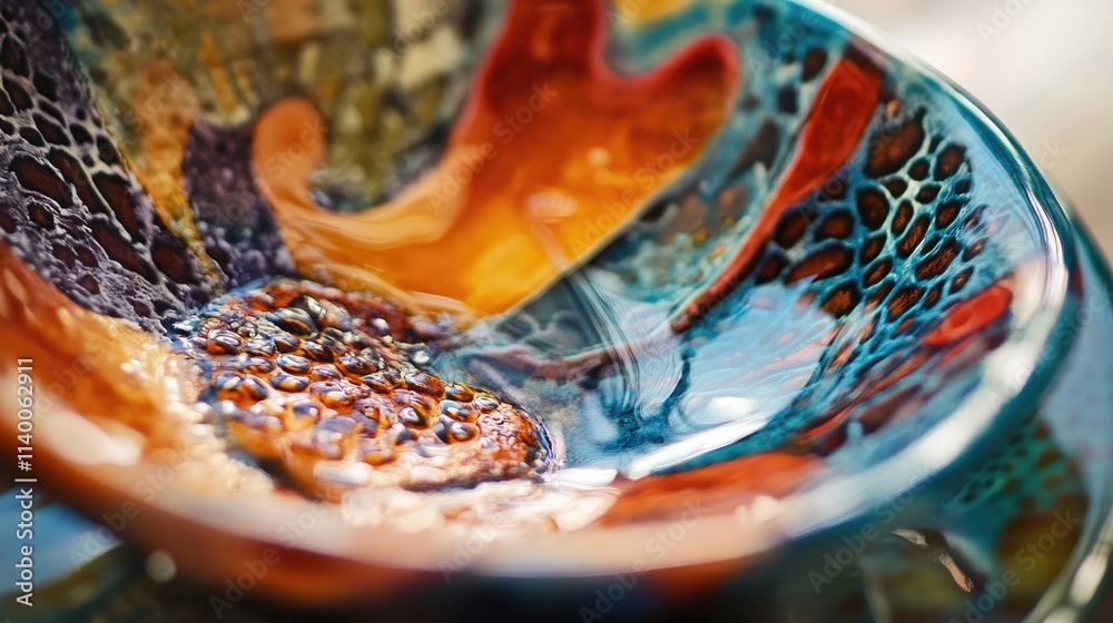 Poster vibrant ceramic dish with intricate glaze patterns highlighting artistic craftsmanship and color ric