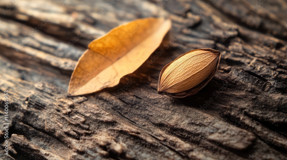 Poster dipterocarpus seed resting on a leaf atop textured wood showcasing nature's details in selective foc