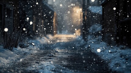 Winter alley with dirty snow and falling snowflakes creating a moody atmospheric scene in a quiet urban environment.