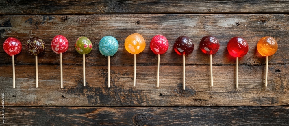 Poster colorful assorted lollipops arranged on rustic wooden table from above showcasing vibrant candy desi