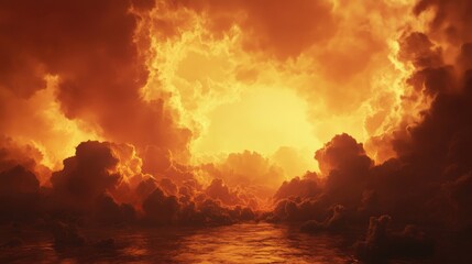 Naklejka premium Eruptive landscape with dramatic clouds of steam and gas rising from volcanic lava ocean entry at sunset creating a fiery atmospheric scene