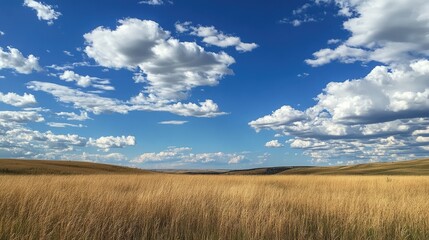 Obraz premium Vast golden field under a bright blue sky adorned with fluffy white clouds on a sunny day in a serene landscape.