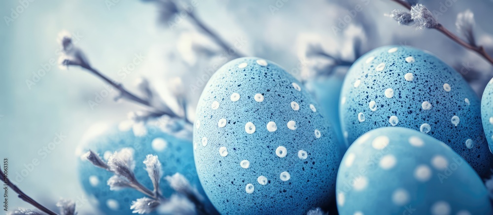 Poster vintage easter eggs in shades of blue decorated with white patterns surrounded by delicate branches 