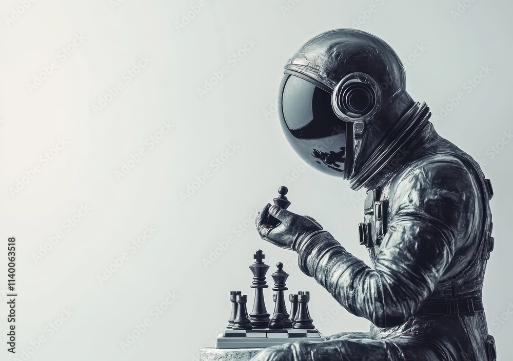 Poster an astronaut contemplates a chess piece, symbolizing strategy and contemplation in space.