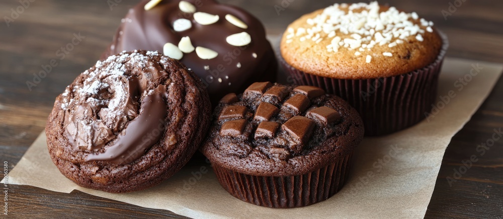 Aufkleber Delicious assortment of chocolate cookies and muffins displayed on a rustic wooden table creating an inviting dessert scene