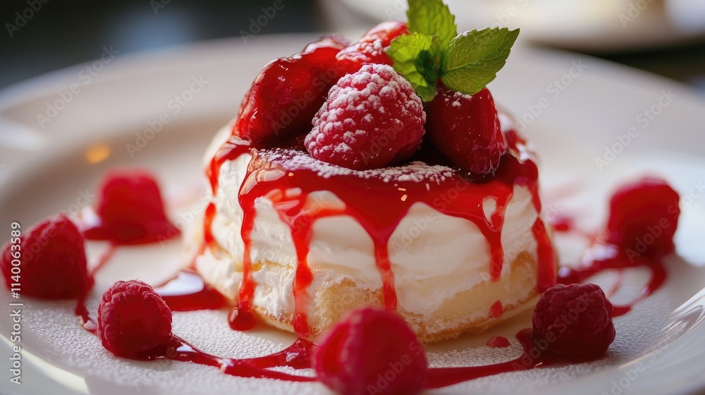 Poster vibrant raspberry dessert topped with cream and mint leaves showcasing elegance and indulgence for c