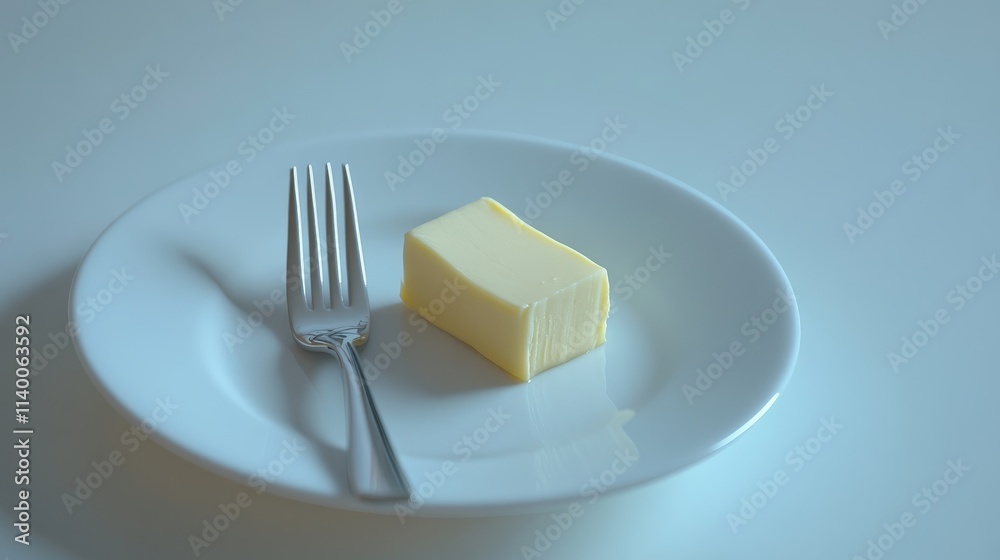 Aufkleber Minimalist plate with butter and silver fork on a light background showing simple dining elegance and kitchen essentials.