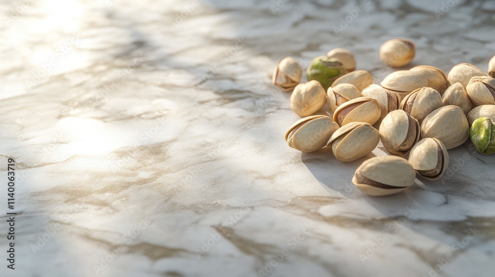 Poster raw pistachios scattered on a marble surface showcasing natural agriculture and organic farming prac