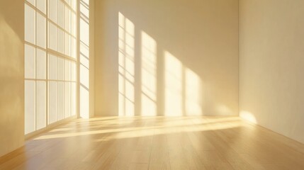 Fototapeta premium Light and airy cream room with wooden floor and sunlight streaming through large windows showcasing showroom decor ideas in 3D rendering