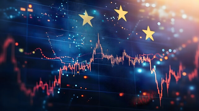 A flag of Europe with a graph of the stock market, finance, economy and data