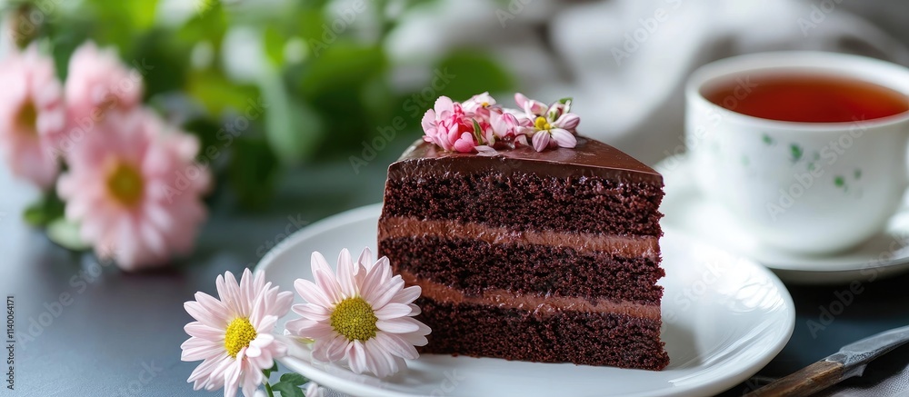 Aufkleber Chocolate cake slice on a plate accompanied by tea and flowers in a serene setting highlighting fresh and healthy indulgence