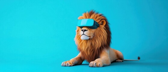 Majestic Lion Wearing VR Headset, Exploring Virtual Reality Worlds