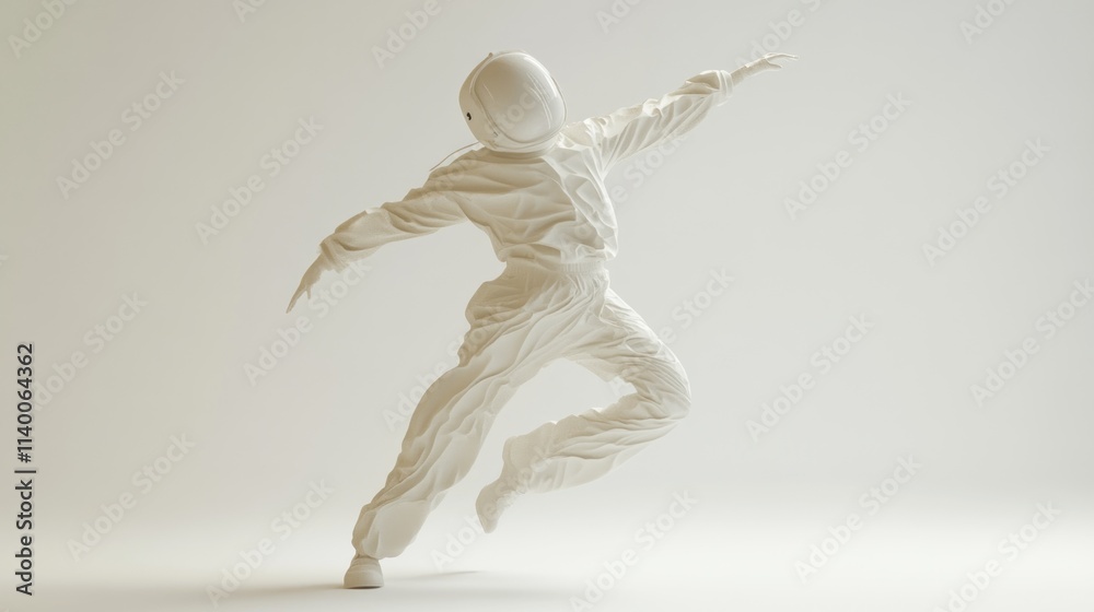 Poster a stylized figure in a white jumpsuit and helmet, striking a dynamic pose against a light background