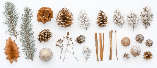 Flat lay of festive Christmas decorations on a white background showcasing pine cones ornaments and natural elements for holiday design concept
