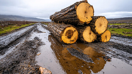 Logs stacked on muddy road, reflecting cloudy sky, showcasing rural landscape. scene captures essence of timber harvesting and nature beauty