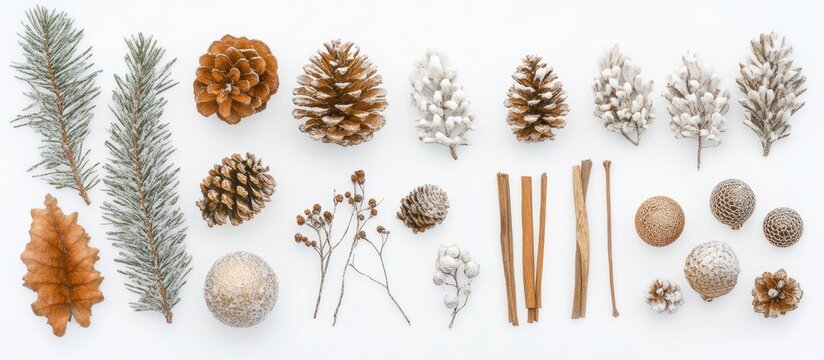 Flat lay of festive Christmas decorations on a white background showcasing pine cones ornaments and natural elements for holiday design concept