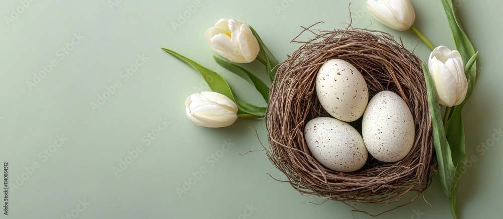 Poster decorative easter eggs in a nest with tulips on a light green background showcasing springtime celeb