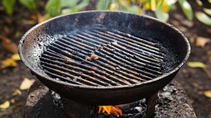 Neglected steel barbecue grill with charred residue and smoke rising outdoors on a sunny day in a lush garden setting
