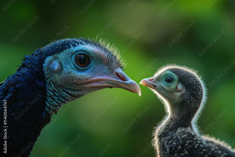 Poster a close-up of a peacock and its chick, showcasing their expressions and connection.