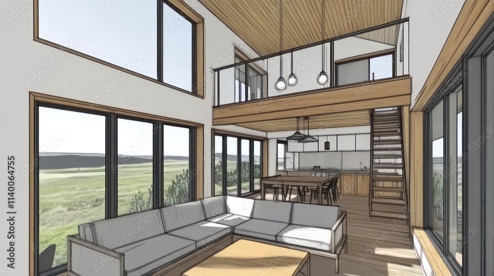 Poster Modern interior design showcasing a spacious living area with large windows and open layout.