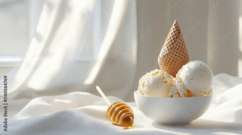 Poster bowl of creamy ice cream scoops with waffle cone and drizzled honey on a soft fabric background