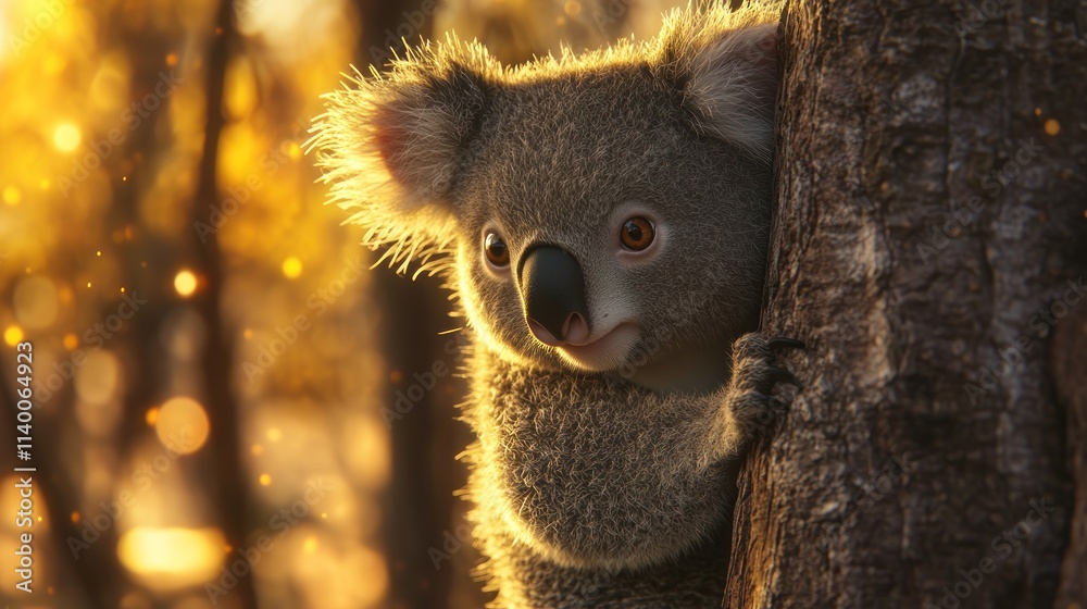 Poster a close-up of a koala clinging to a tree, illuminated by warm, soft sunlight.