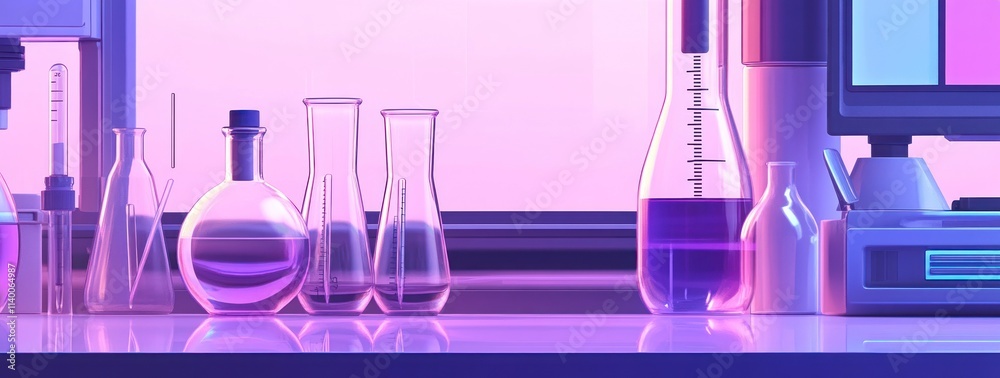 Poster a colorful laboratory scene featuring various glassware filled with liquids.