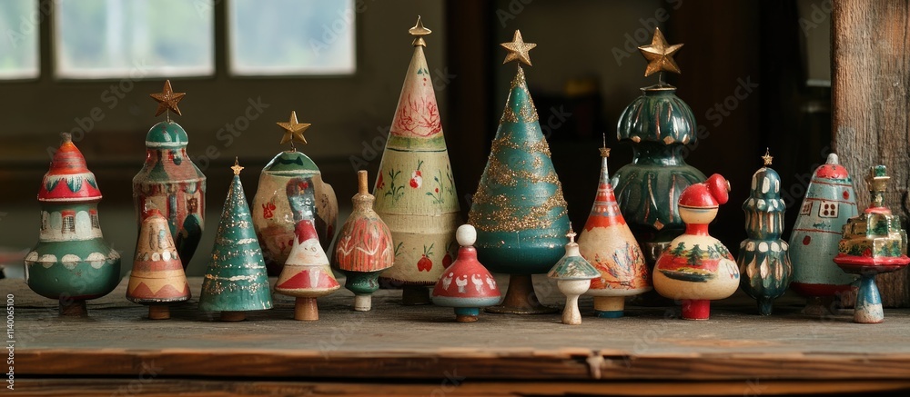 Poster vintage christmas tree ornaments in varied designs and colors displayed on a wooden surface creating