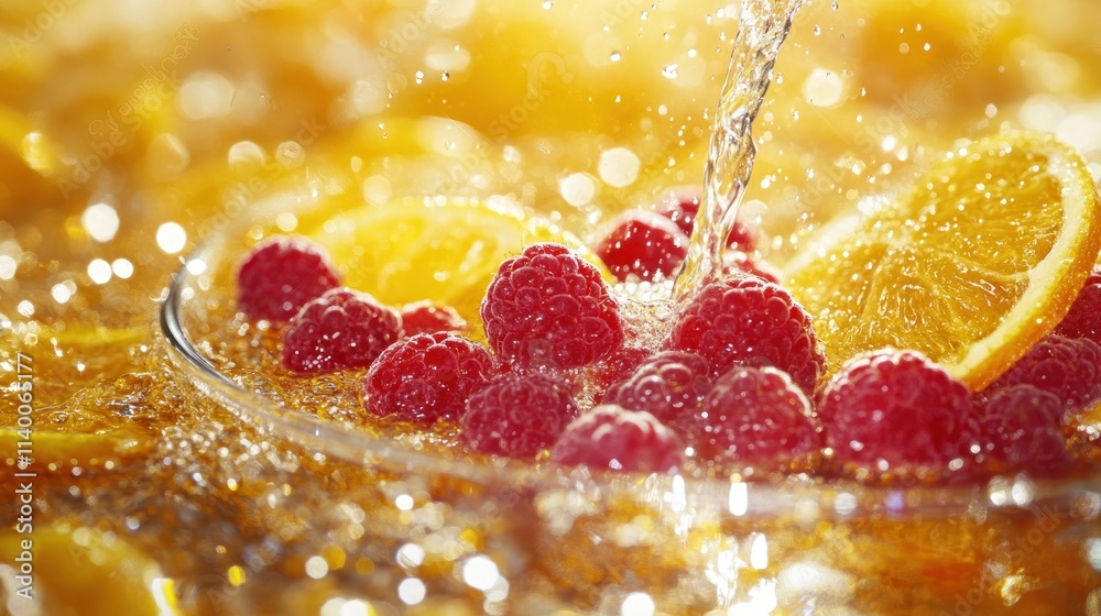 Poster refreshing drink with raspberries and lemon slices, sparkling with bubbles.