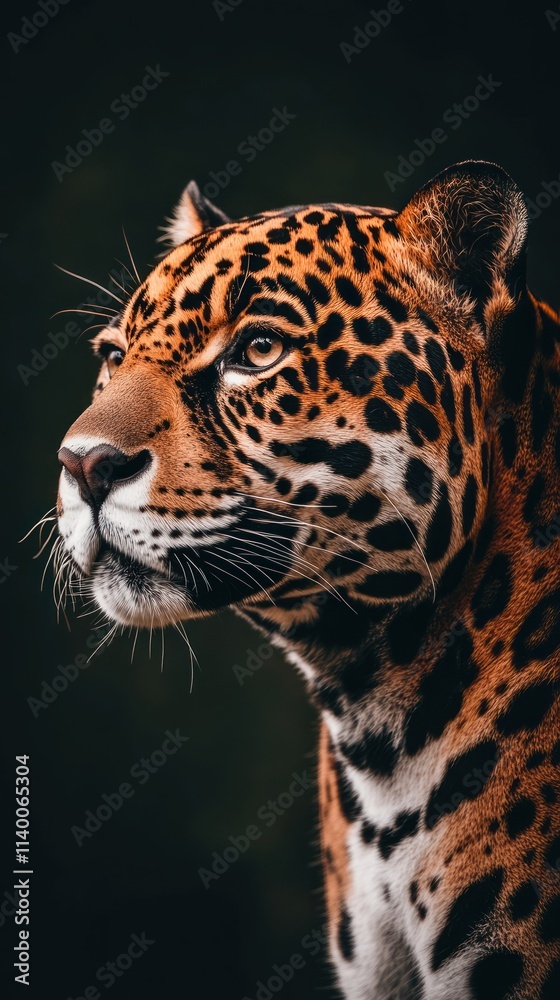 Poster A close-up portrait of a jaguar showcasing its striking features and unique coat patterns.