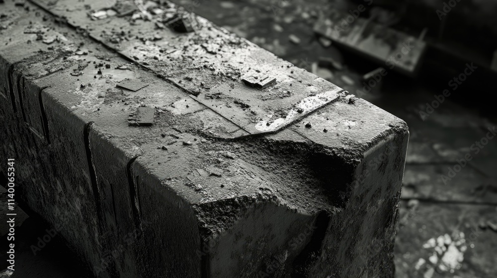 Poster textured stone surface with debris highlighting industrial decay and weathering in a black and white