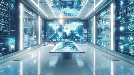 Futuristic Command Center with Global Data Visualization