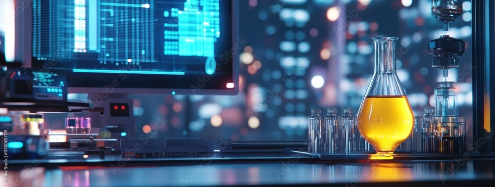 Poster a laboratory scene featuring a glowing flask and computer, suggesting scientific research.