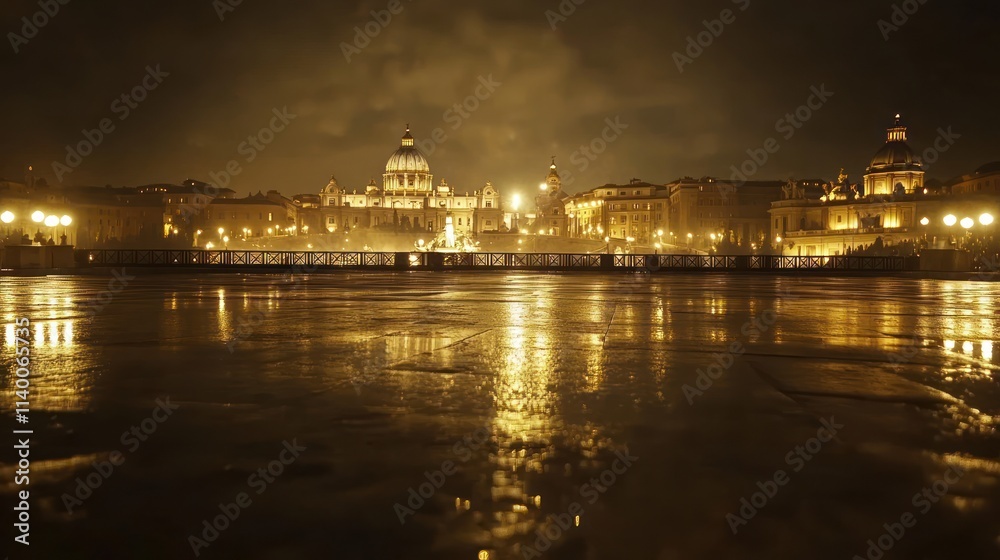 Poster a serene night view of st. peter's basilica illuminated after rain.