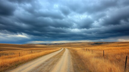 Dramatic cloudy sky over open fields with winding dirt road in rural landscape under moody atmospheric conditions