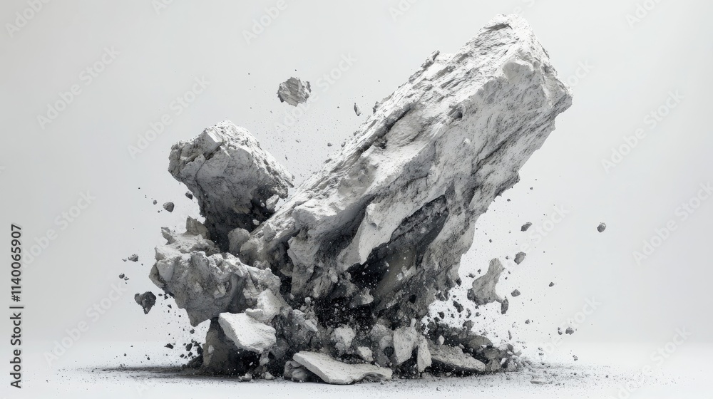 Poster Eroding rock formation creating a dynamic explosion of dust and debris in a minimalist studio setting