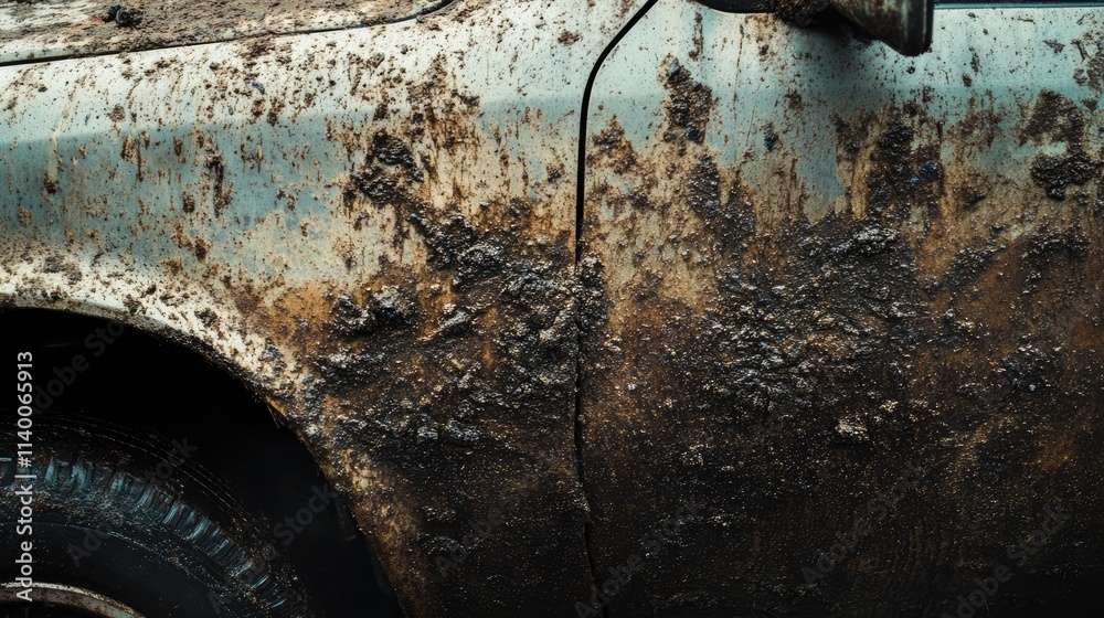 Aufkleber Car body covered in dirt and grime showing textures and patterns in an abstract style representing age and neglect.