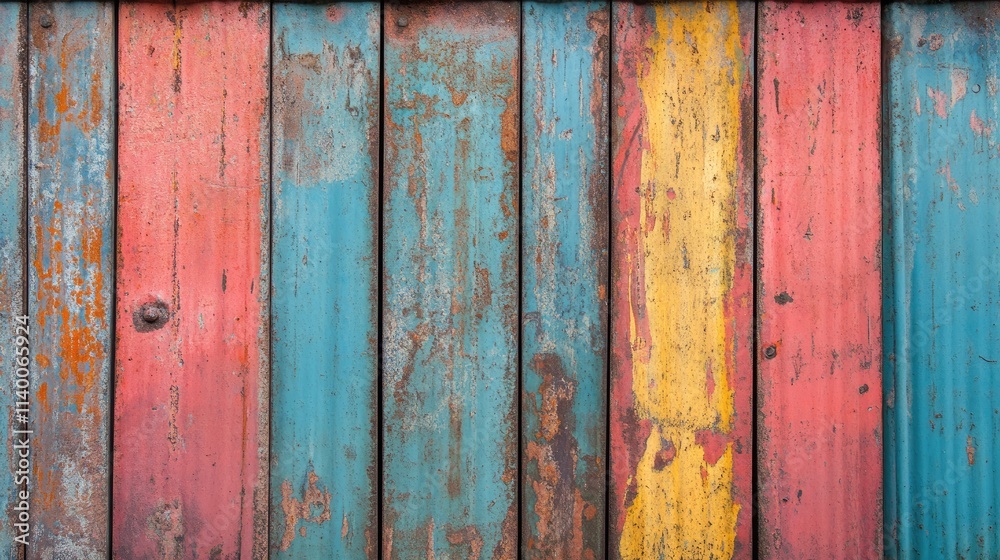 Poster weathered wooden panels with peeling paint in vibrant colors showcasing rustic charm and texture ide