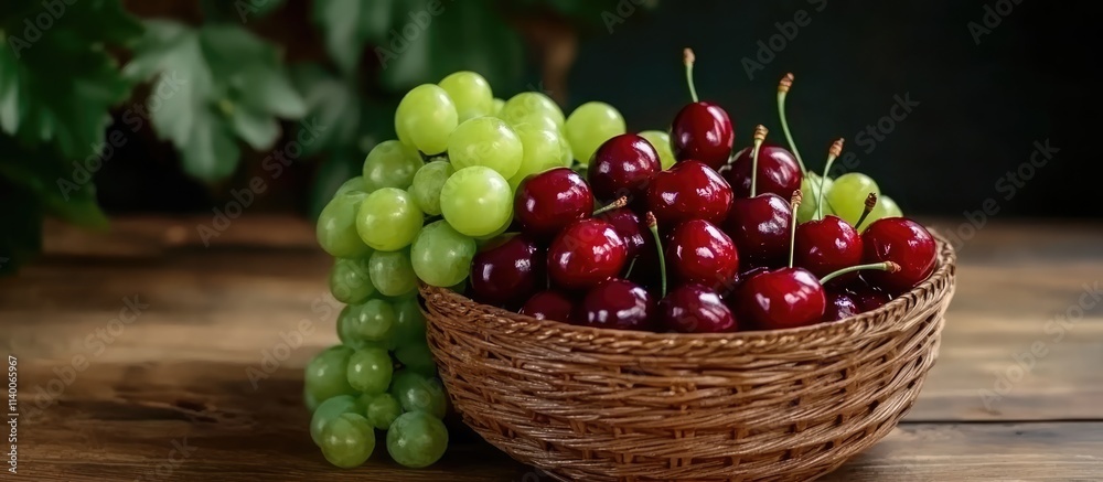 Poster fresh vibrant cherries and green grapes elegantly displayed in a woven basket on a rustic wooden tab