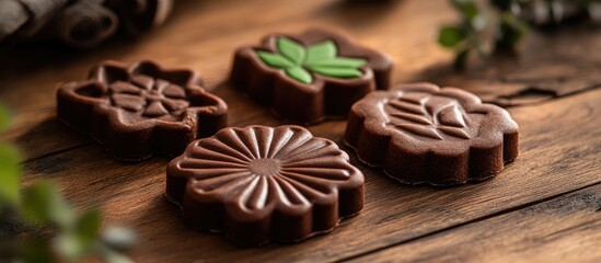 Fototapeta premium Chocolate cookies shaped like flowers and leaves on a rustic wooden table surrounded by natural elements and soft lighting
