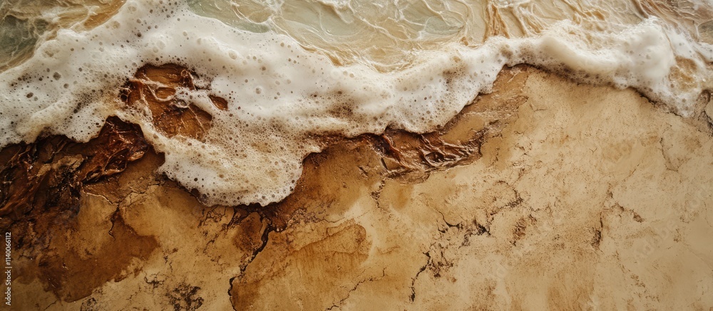 Poster sandy beach shoreline with crashing waves creating foam against the turbulent sea in a dynamic coast